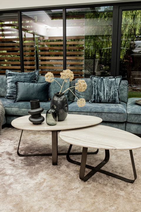 Muka lage salontafel, donkergrijs onderstel, wit marmer